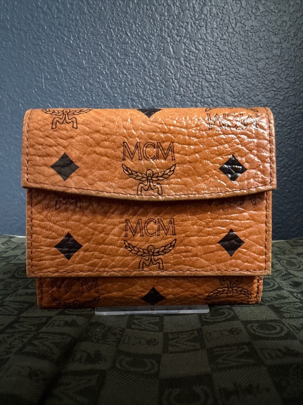 MCM Tan Logo Trifold Wallet with Black Monogram Accents